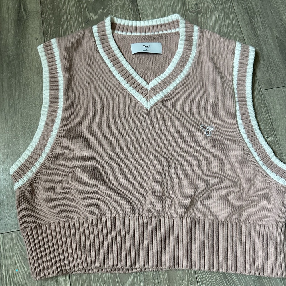Tan Sweater Vest with White Trim